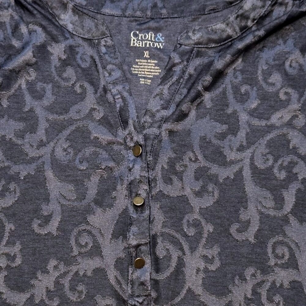 Croft & Barrow Womens XL Navy Blue Burnout Damask Roll Tab Sleeve Henley Top - Picture 3 of 8